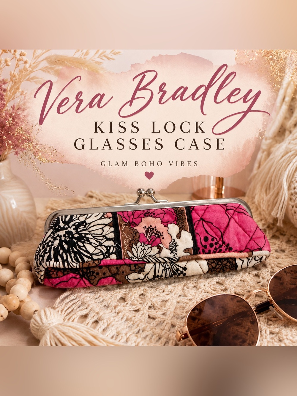 Vera Bradley Quilted Kiss Lock Glasses Case Pink Floral Patchwork EUC